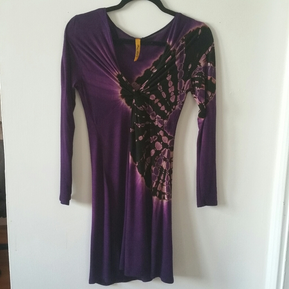 Sexy Boho Jewel Tone Purple tie-dye/batik knit dress, Size XS